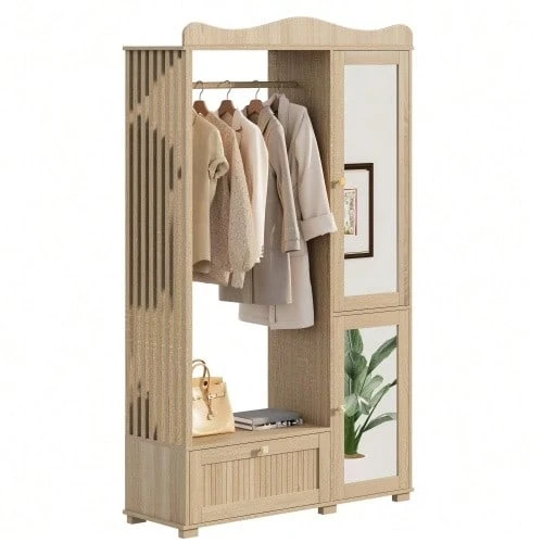 Wardrobe With Mirror And Open Clothes Rack – Compact Wardrobe, Practical Storage Space With Drawer And 2 Doors, Ideal For Bedroom And Hallway. - 駝色 - 查看 1