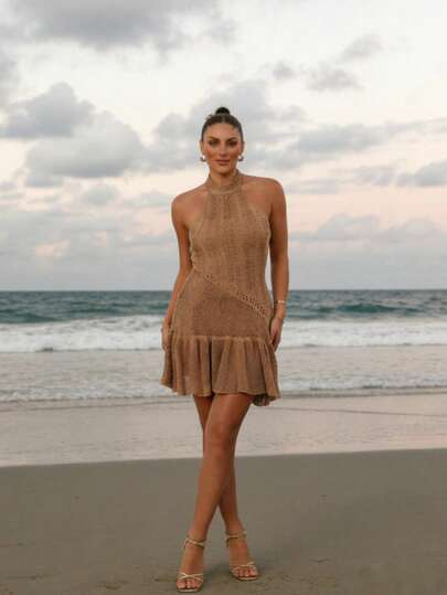Amore Women's Summer Bohemian Style Spaghetti Strap High Neck Sleeveless Brown Dress, Hollow Crochet Irregular Ruffle Hem Fitted Knit Dress, Suitable For Summer Beach Bikini, Outdoor Swimming Pool Island Resort, Casual Evening Party, Elegant Date Occasion