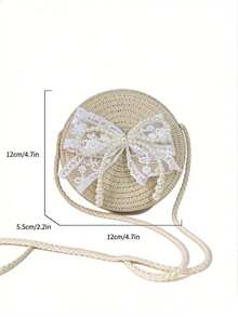 Túi nhỏ tròn đan bằng rơm ren ngọc trai cho kỳ nghỉ hè ở bãi biển, ví đựng tiền xu dễ thương có khóa kéo, túi đan bằng rơm ngọc trai, túi cho bố mẹ và con cái, túi đan bằng rơm ren nơ. - A - Xem 3