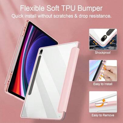 3-voudige flip-stand beschermhoes voor Samsung Galaxy Tab S9FE/S9/S8/S7 11-inch tablet, schokbestendige anti-valhoes met penhouder, automatische slaap-/waakfunctie, leren hoes + acryl achterplaat