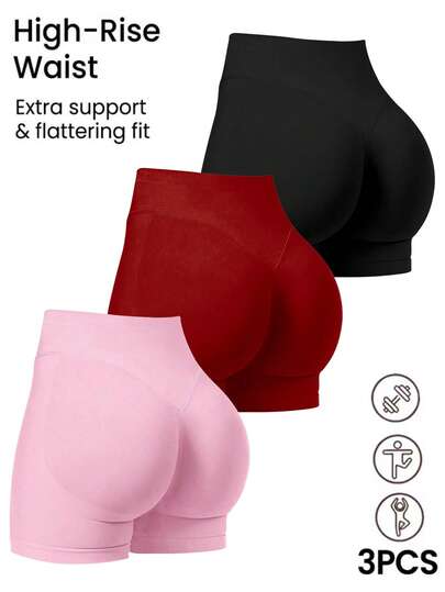 3条装女士高腰提拉瑜伽短裤，无缝腰腹塑形速干健身运动短裤