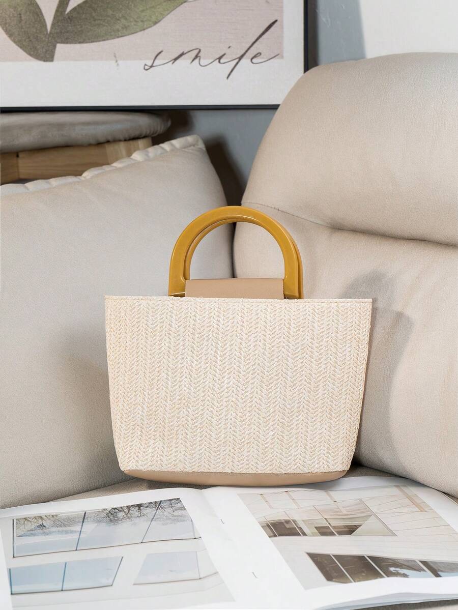 New European And American Style Woven Bags, Resort Straw Bags, Travel Bags, Fashion Portable Storage Bags, Beach Bags, Straw Tote Bags, Mini Straw Tote Bags, Summer Essentials, Best Matching, Perfect For Women, Girls, Students, Travel, Travel, Vacation, Beach, Holidays, Gifts. - Beige - View 1