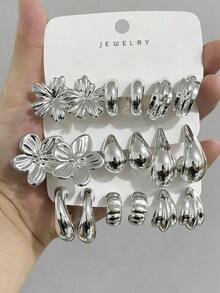 18pcs Exaggerated Eternal Flower, Large C-Shaped, 5-Petal Flower, Butterfly Series Earring Set, Suitable For Daily And Festival Wear, ABS Resin Material With UV Plated Non-Fading Gold - 銀色 - 查看 12