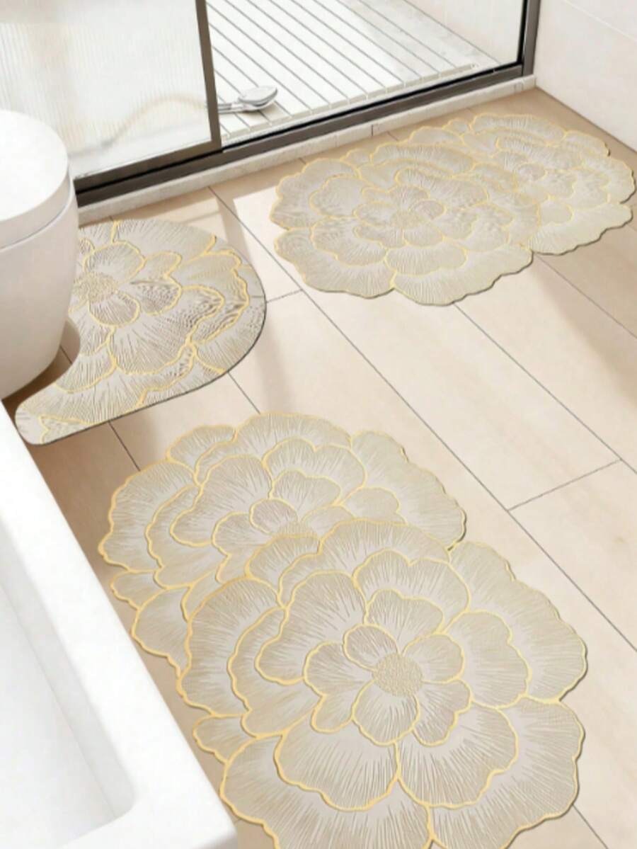 1pc/2pcs/3pcs Gold Flower Pattern Decorative Floor Mat, Room Decor, Bathroom Rug, Doormat, Small Rug, Carpet, Home Decor, Area Rug, Outdoor Mat, Bedroom Carpet, Washable Rug - Multicolor 2 - View 1