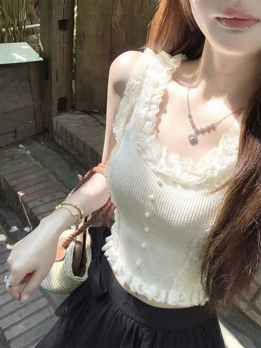 Áo hai dây ren nữ, kiểu dáng ballerina mềm mại lãng mạn, không tay, cài cúc ngọc trai, dáng ngắn, thích hợp mặc thường ngày mùa hè và hẹn hò. - Màu trắng sữa - Xem 1