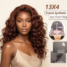 13x4 pouces Perruque synthétique à front de dentelle rouge-brun, 18 pouces de longueur moyenne avec frange ondulée, densité de 150% avec ligne de cheveux naturelle, convient pour la mode, les fêtes, les vacances, le maquillage et le port quotidien pour les femmes - Surligner le rouge - Voir 3