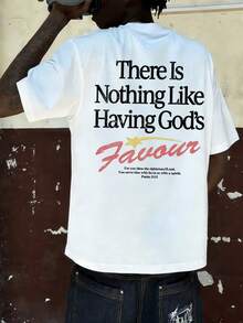 FRACTYR Men's Summer Casual Street Fashion Loose "THERE IS NOTHING LIKE HAVING GODS" Minimalist Graphic Round Neck Short Sleeve T-Shirt - White - View 2