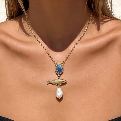 1件装女士欧美风3D鱼形仿珍珠蓝水晶项链，奢华海洋元素项链