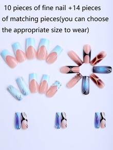 24 Square Acrylic Nail Art Gift Box Set, Millennial Style, Unique Blue-Black Gradient Caramel Light Blue Ombre French Edge With Silver Steel Ball Embellishment, Incorporating Geometric Lines, Irregular Flame Art, Y2K Style, Detachable And Reusable, Easy For Beginners, Suitable For Dates, Parties, And Everyday Wear, Versatile And Goes With Everything, False Nails With Jelly Gel, 1 Nail File, 1 Nail File. - Multicolor - View 4