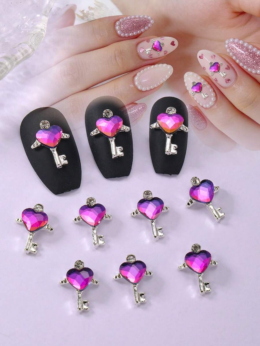 10颗心形水钻美甲装饰，3D合金饰品美甲配件，适合居家美甲和美甲沙龙使用，银色美甲宝石，美甲用品，DIY个性化美甲 - 彩色 - 查看 1