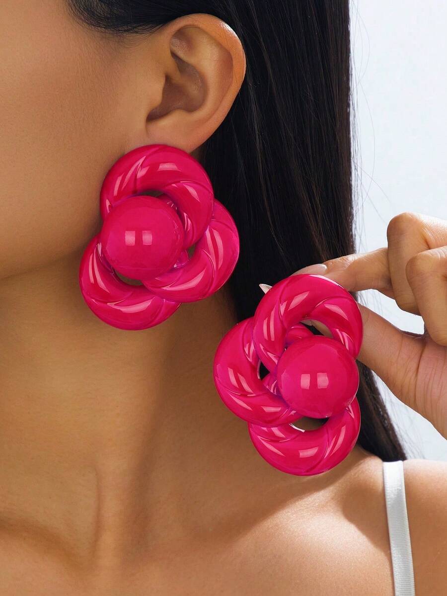1 par de pendientes con colgante de patrón geométrico grande de textura metálica exagerada en color dorado, adecuados para el uso diario de las mujeres - Rosa Fucsia - Ver 1