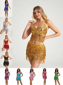 Nouveau costume de danse du ventre, robe de danse à sequins et à franges, tenue de compétition de scène, accessoires de danse - Multicolore - Voir 2