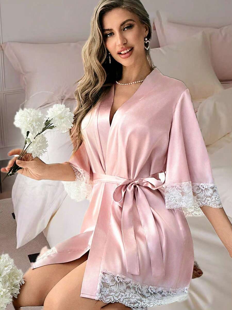 1 bộ đồ ngủ bằng lụa băng phối ren tương phản, áo choàng mặc nhà dành cho nữ. - Hồng - Xem 1