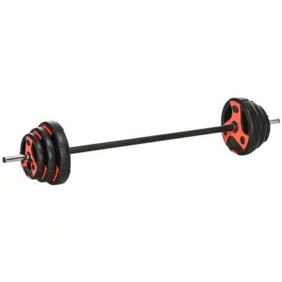 Conjunto de barra de 20 kg, incluindo 6 anilhas (2 x 5 kg, 2 x 2,5 kg, 2 x 1,25 kg), barra antiderrapante, preto e vermelho.
