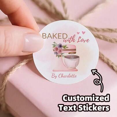 Customized Retail Store Labels, Customized Christmas Stickers, Customized Round Text Stickers - Personalized Self-Adhesive Labels, Suitable For Gift Bags, Candies And Baked Goods Packaging Boxes, Floral Pattern, Printed With "Baked With Love" Text, Can Be Used As Gift Bag Stickers, Thank You Stickers, Bachelor Party Labels, Envelope Seals, Invitation Stickers.