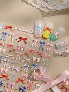 1片5D立体浮雕可爱蝴蝶结美甲贴纸 精致可爱甜美格子波点蝴蝶结丝带自粘美甲贴纸 美甲贴花 - 彩色 - 查看 4