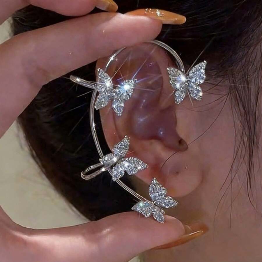 1 chiếc khuyên tai kẹp tai hình bướm màu bạc bên phải - Bạc - Xem 1