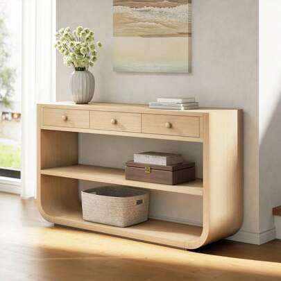 Christopher Home ®   [Video] Modern Curved Console Table With 3 Soft-Close Drawers & 2 Open Shelves, Solid Wood Base, Entryway Table Living Room Hallway Study, White