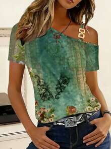 MOOSGOP Romantic Printed One-Shoulder Short Sleeve T-Shirt With Metal One Shoulder Buckle, Casual Sleepwear For Spring/Summer Vacation - Green - View 4