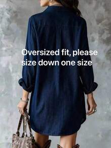 Women's Navy Blue Long Sleeve Polyester Button-Up Shirt, Collared, Front Short Back Long Design With Pockets Spring - Royal Blue - View 2