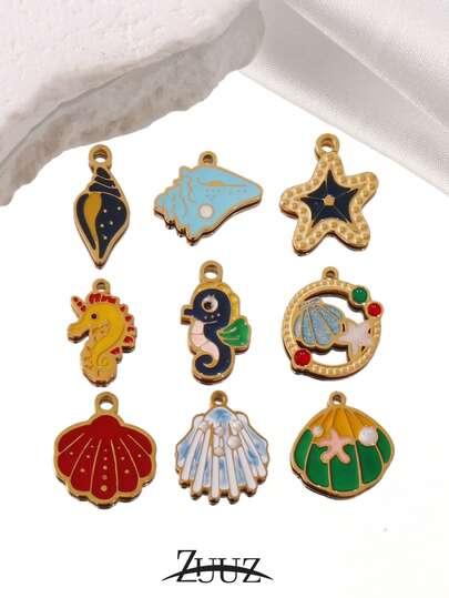 2个可爱海洋动物吊坠，油滴形不锈钢海星海螺海马贝壳吊坠，适用于DIY珠宝制作材料、配件、项链、耳环、手链等。