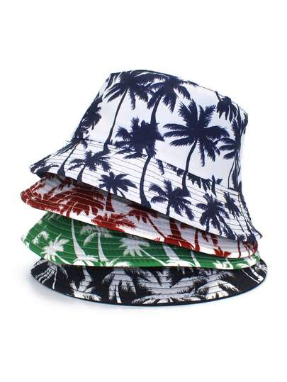 Nuevo sombrero de cubo estilo hawaiano reversible con estampado de árbol de coco, sombrero de verano casual unisex para protección solar en actividades al aire libre