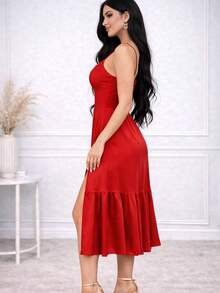 Women's Long Dress With Button Front, Ruffled Straps, Sleeveless Tank Top Dress With Buttons, Ruffled Style, Elegant Party Dress - 純紅色 - 查看 3