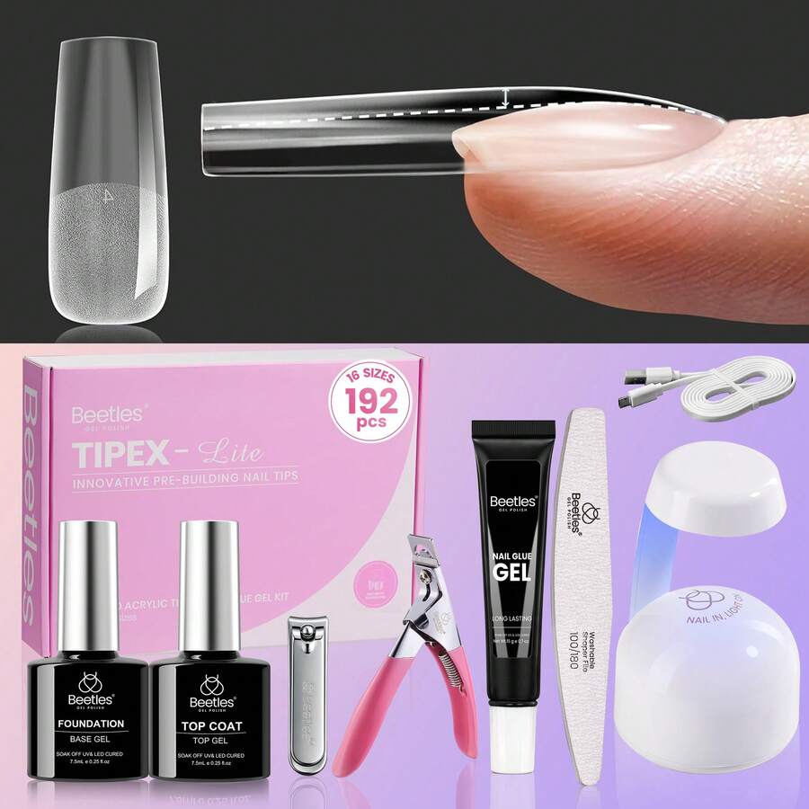 Beetles Tipex Lite Pre-Built Apex Nail Tips Kit, Stiletto Medium, With Tipex Nail Glue,  All-In-One Gel Nail Kit - Tipex Lite-square Long 192pcs Kit - View 1