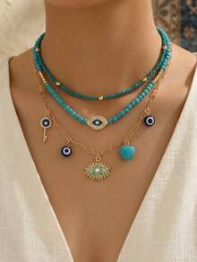 3pcs/Set Bohemian Style Blue Turquoise Beaded Necklace, Gold Handmade Chain With Evil Eye Pendant Necklace Set, Suitable For Daily Wear, Photo Shooting Or Beach Vacation - Multicolor - View 1