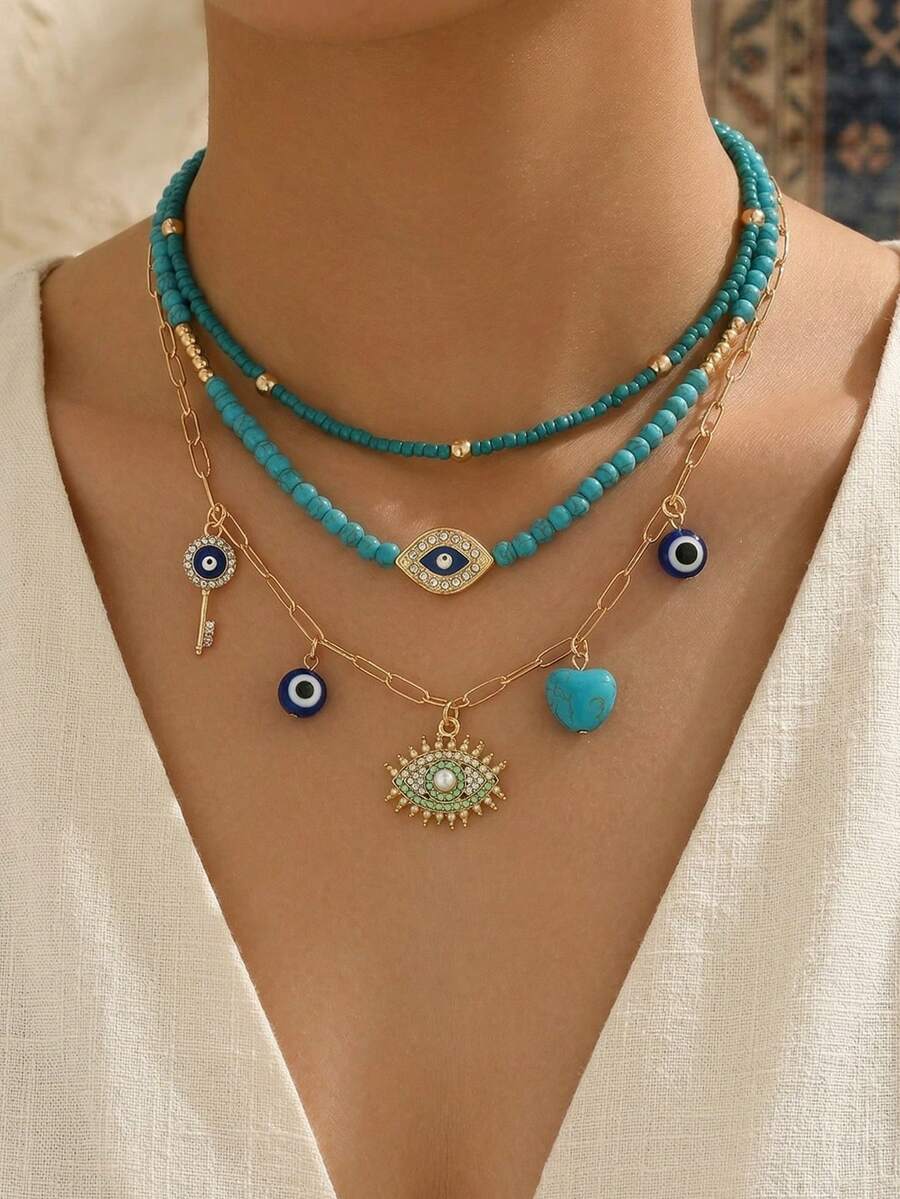 3pcs/Set Bohemian Style Blue Turquoise Beaded Necklace, Gold Handmade Chain With Evil Eye Pendant Necklace Set, Suitable For Daily Wear, Photo Shooting Or Beach Vacation - Multicolor - View 1