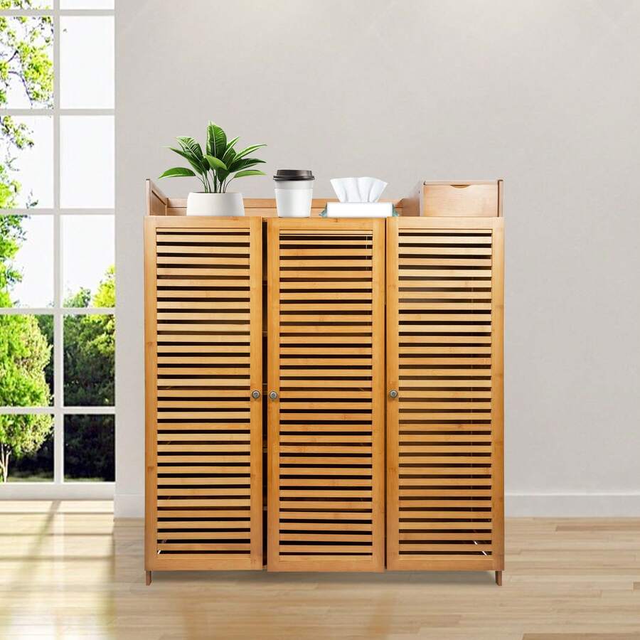 30-Pair Shoe Cabinet - Brown MDF + Bamboo, 3 Doors, 38.6" Wide, For Hallway, Entryway, Living Room, Modern Design - 棕色 - 查看 1