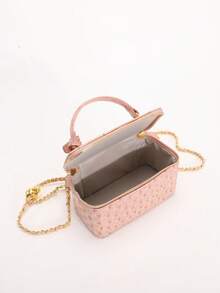 Ostrich Pattern Pink Vanity Case Bag, Cute Top-Handle Crossbody Bag With Gold Ball Chain, Y2K Mini Makeup Box Bag - Pink - View 6