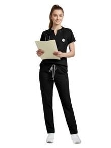 Set de 2 piezas Uniforme de enfermera para mujer, Parte superior + Pantalones con bolsillos, Ropa de trabajo para sala de cirugía, Ropa de trabajo para salón de belleza, Negro primavera - Negro - Ver 8