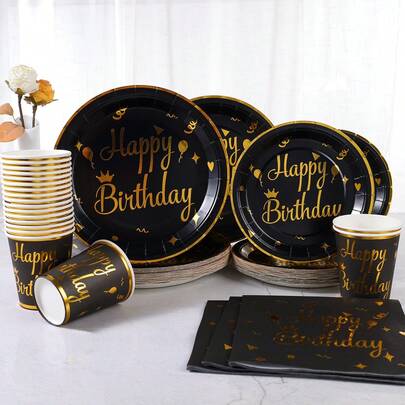 Gold Foil Black Background Birthday Tableware Set, Includes 7/9 Inch Disposable Paper Plates, Cups, Napkins, Suitable For Birthday Parties, Festivals, Gatherings, Celebrations, Weddings, Graduations, One-Time Party Supplies