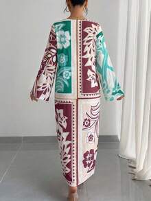 1 pieza Vestido largo holgado, ligero y transpirable con cuello redondo, estampado floral y manga larga para mujer, adecuado para uso diario, vacaciones, vestido de noche elegante, vestido árabe tradicional para festivales, Año Nuevo y otras festividades de primavera - Café integral - Ver 2