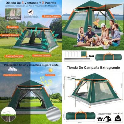 Casa de Campaña 6-8 Personas Portátil Tienda de Campaña Glamping Montaje Rápida 3S 2 Puertas 2 Ventanas + Vestíbulo y Tragaluz Impermeable Anti-UV y Mosquiteras Ideal para Acampar 240*240*155cm
