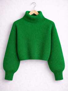 Women's Green Knit Cropped High Neck Sweater With Off-The-Shoulder Design For Winter - Verde - Ver 4