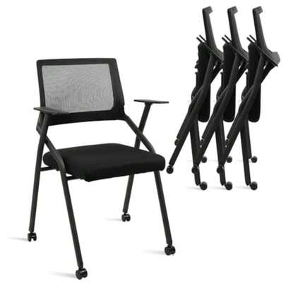 Ergonomic Stackable and Foldable Conference Room Chairs Mesh Office Chair with Arms and Wheels for Office Waiting Room Meeting Black Lobby Church School Receptions and Training Black 4 pk