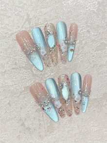 10pcs Handmade Long Stiletto Nails, Bright Blue Cat Eye, Asymmetric Transparent Colorful Glitter French Tips, Hand-Painted Small White Flowers, High Gloss, Elegant Style, Suitable For Dates And Summer Vacation, Acrylic Press-On Nail Set - Baby Blue - View 13