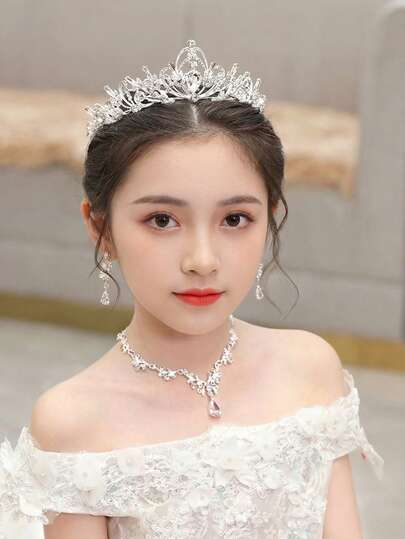 4pcs/Set Jewelry Set For Teenagers, Including Pink Crystal Crown, Necklace And Earrings, Alloy Material, Suitable For Stage Performance, Wedding, Birthday Gift