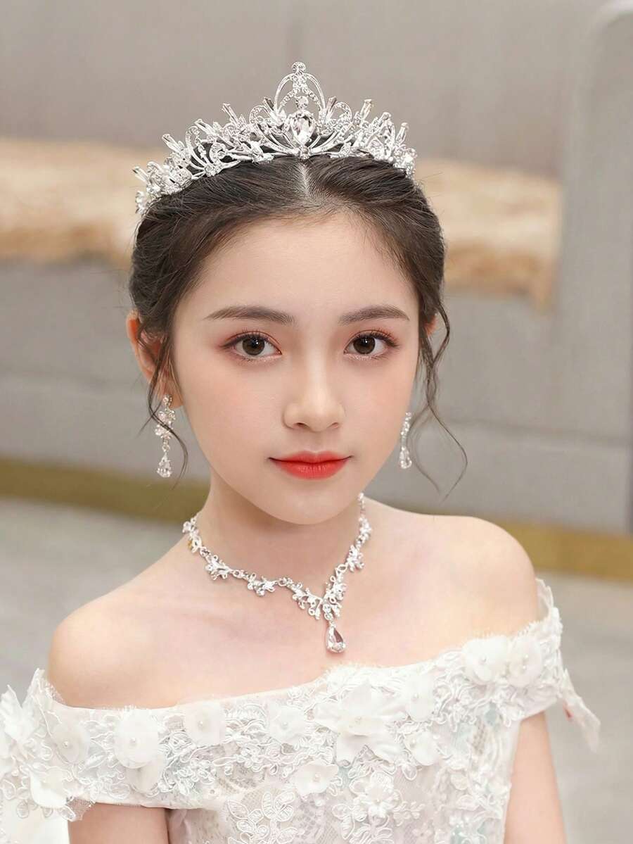 4pcs/Set Jewelry Set For Teenagers, Including Pink Crystal Crown, Necklace And Earrings, Alloy Material, Suitable For Stage Performance, Wedding, Birthday Gift - Silver - View 1