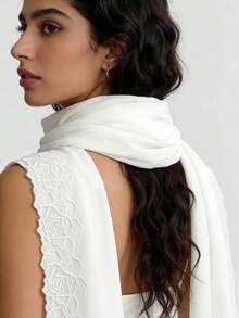 Luxury Rose Embroidered Chiffon Scarf, Draping Headscarf, Minimalist Style, Delicate Rose Lace Chiffon Headscarf - White - View 6