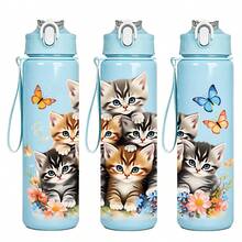 1 pieza Botella de agua deportiva de 750ml/26oz con diseño impreso en 3D de gato, 5 opciones de color, con correa de asa para transportar fácilmente, compacta y ligera, adecuada para exteriores, viajes, campamentos, escuela, oficina, excelente regalo de Navidad o cumpleaños - Multicolor - Ver 13