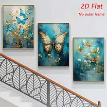 3 tranh nghệ thuật trừu tượng hiện đại hình bướm vàng xanh, tranh canvas 2D dạng phẳng, khung tùy chọn, tranh trang trí nhà cửa phòng khách và phòng ngủ, món quà thanh lịch dành cho phái nữ - Màu xanh lam - Xem 1