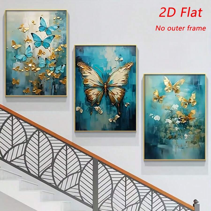 3 tranh nghệ thuật trừu tượng hiện đại hình bướm vàng xanh, tranh canvas 2D dạng phẳng, khung tùy chọn, tranh trang trí nhà cửa phòng khách và phòng ngủ, món quà thanh lịch dành cho phái nữ - Màu xanh lam - Xem 1