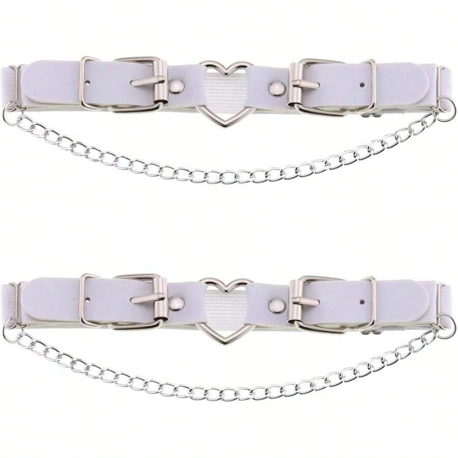 YunPeng Women's Adjustable Leather Leg Garter Belt, Gothic Heart With Chains Leg Thigh Elastic Garter 2PCs - 白色 - 查看 1