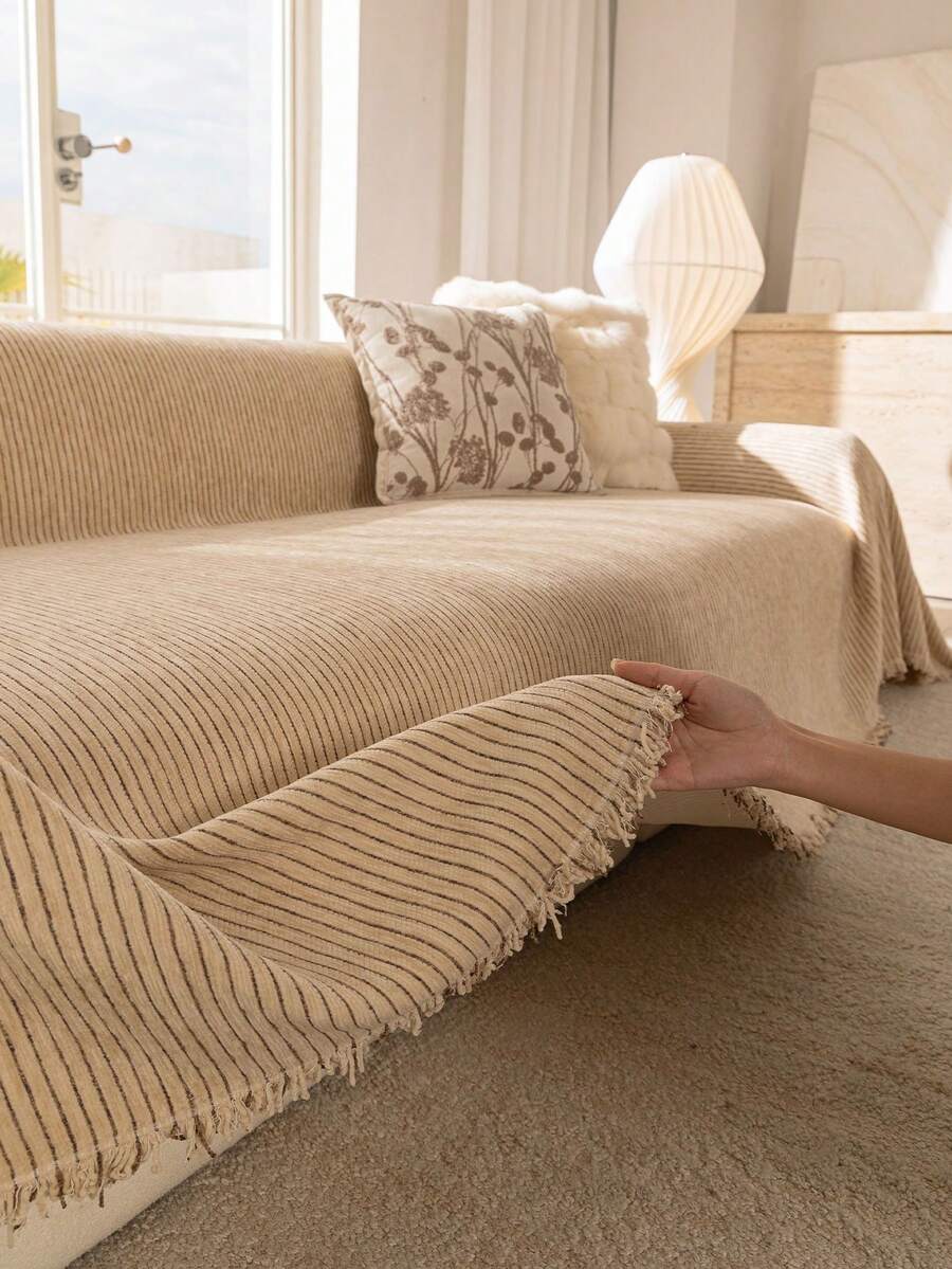 1pc Solid Color Sofa Throw Blanket, Geometric Pattern Sofa Cover, Pet Proof Sofa Protector, Machine Washable Home Decor Suitable For L-Shaped Sectional, Loveseat, Sofa, Sold Separately, Holiday Decoration - Khaki - View 1