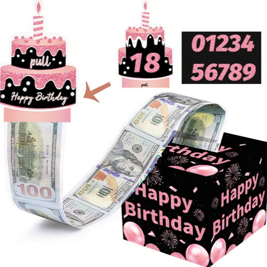 粉色生日现金礼盒，带拉出式贺卡和50个透明袋DIY套装，趣味现金礼物，送给父母、情侣、朋友 - 查看 1