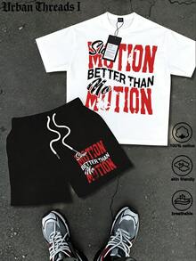 Men's Short Sleeve Shorts Set (2-Piece Set), Spring/Summer/Autumn Style, Short Sleeve T-Shirt+Drawstring Shorts, Soft And Comfortable Fabric, Machine Washable And Dry Cleanable, High Quality, American Street Vintage Letter Printed Pattern Hoodie+Shorts, Hip Hop Style, Suitable For Festival Celebrations, Homecoming Season, Street Dressing And Outdoor Activities - 白色 - 查看 1