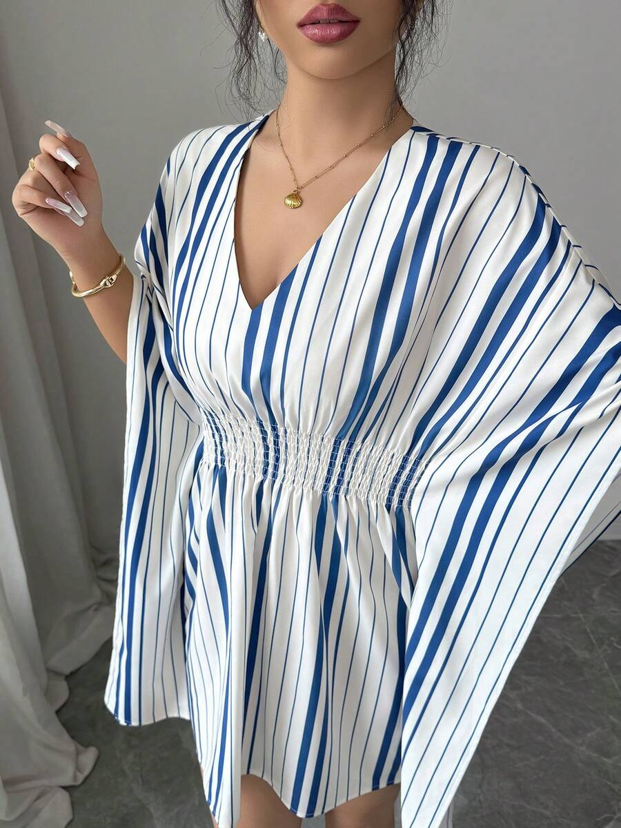 Spring Vacation Striped Dress, Early Spring Blue & White Striped V-Neck Waist Cinched Batwing Sleeve Short Dress, Poncho Style, Casual Commute Holiday - Blue - View 1